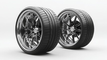 Obraz premium High-Quality 3D Vector-Style Illustration of Car Wheels with Detailed Realistic Rims, Featuring Two Distinct Wheel Designs for Automotive Concepts and Tire Products