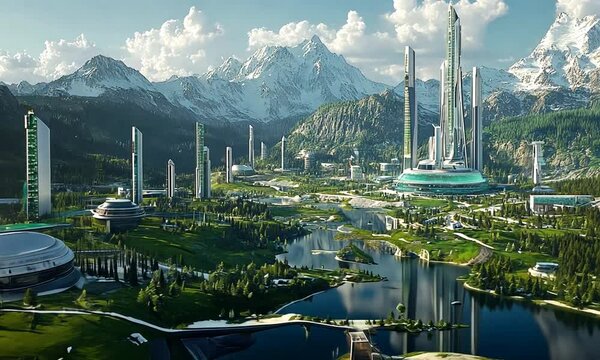 A futuristic city in a valley