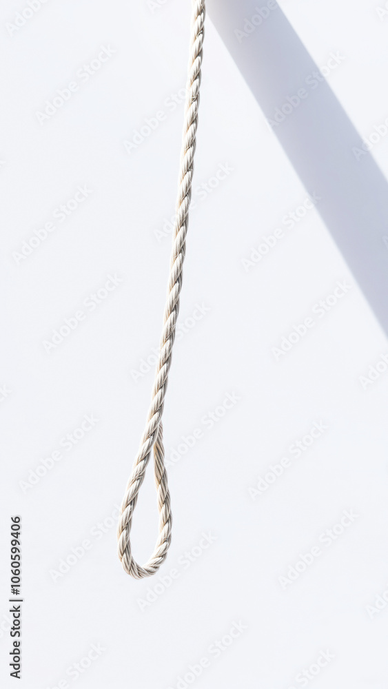 Poster white rope with a loop hangs against a white background