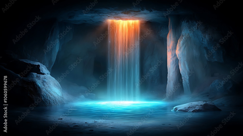 Poster mysterious waterfall cascades into enchanting cave pool illuminated by ethereal light creating a ser