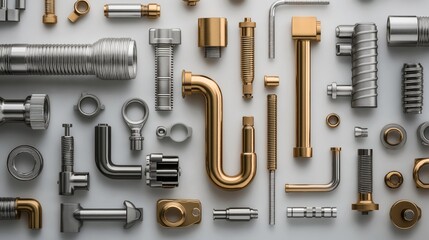 Obraz premium Assorted metal industrial parts including bolts, pipes, and fittings in various shapes and sizes with gold and silver finishes on a white background.