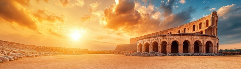 Fototapeta premium A stunning sunset illuminates the majestic ruins of an ancient amphitheater, showcasing rich history and breathtaking architecture.