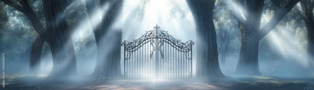 Poster a mystical gate surrounded by ethereal light and trees, creating an enchanting atmosphere of magic a