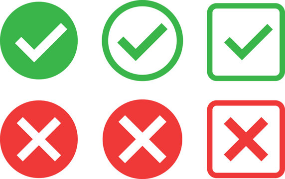 Checkmark crossmark icon set. Green check mark icon and red cross mark icon set. Check mark with right and wrong sign. Tick and cross icon set. Green check button and red wrong button.

