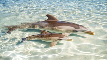 Obraz premium A baby dolphin swimming close to its mother in crystal clear ocean waters.