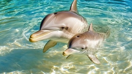 A baby dolphin swimming close to its mother in crystal clear ocean waters.