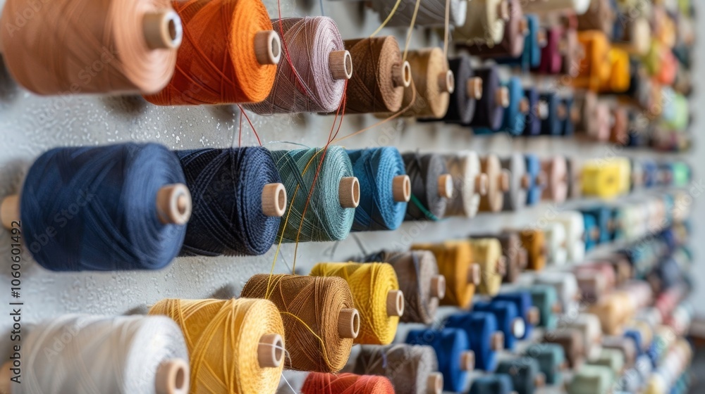 Poster a wallmounted spool rack displaying a variety of colored and textured threads.