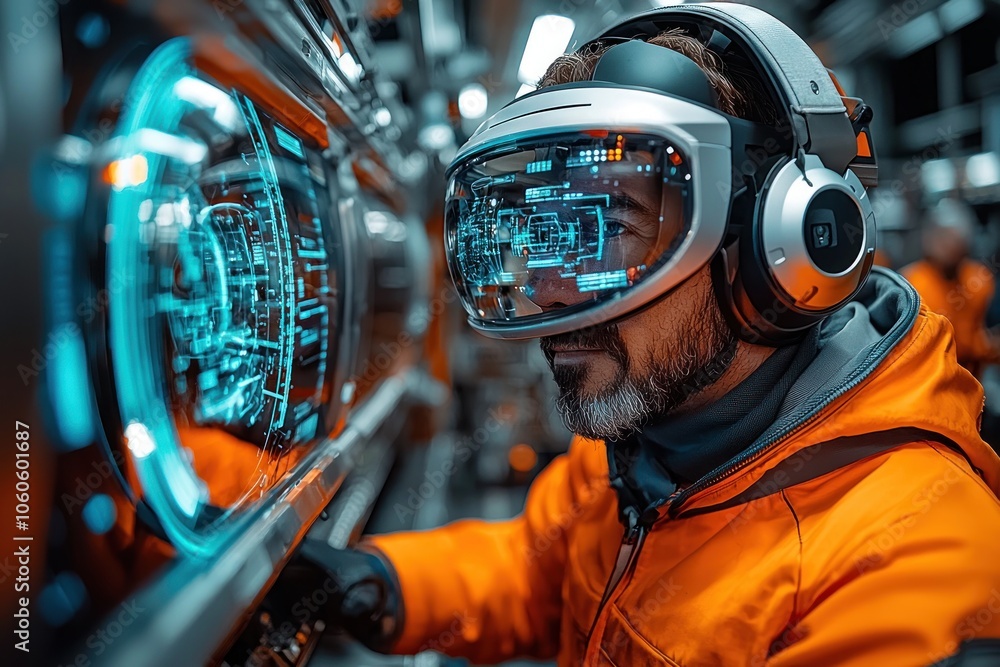 Poster Man Wearing Virtual Reality Headset Working with Futuristic Technology