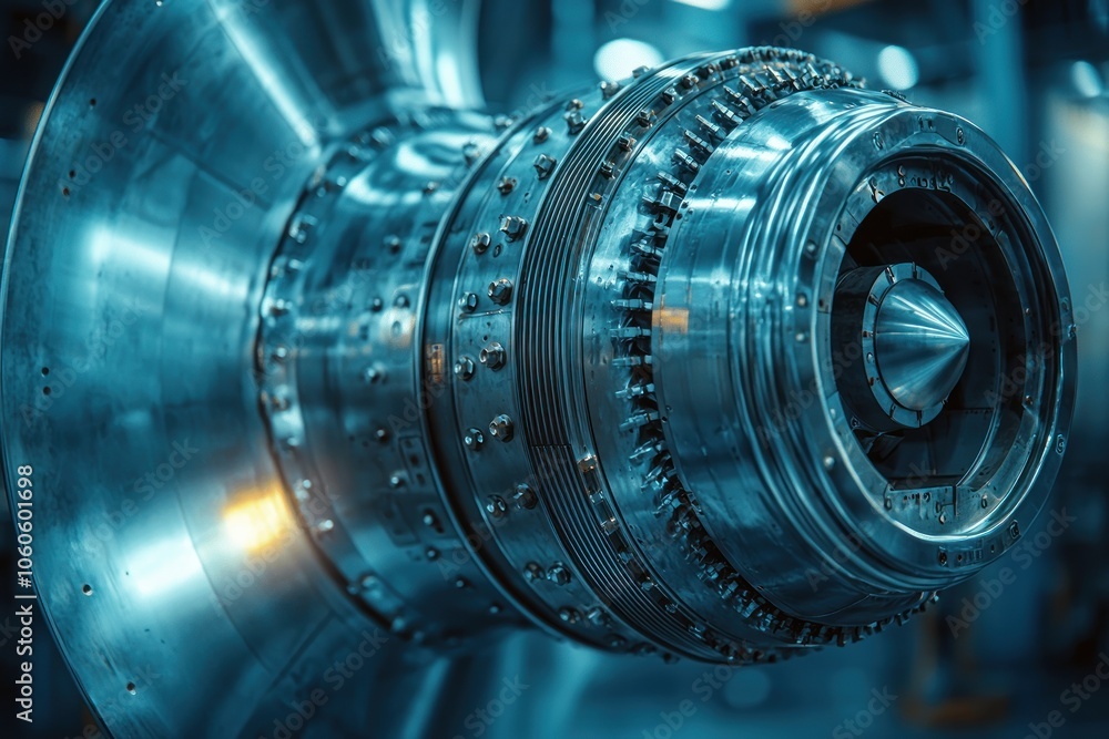 Poster close-up of a shiny metallic jet engine with a conical nozzle