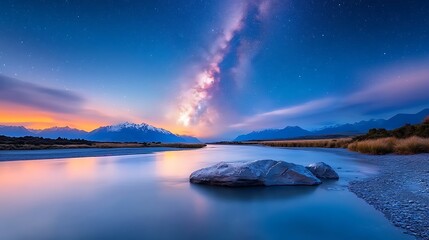 River reflects milky way over majestic mountains at dusk illuminating nature's serenity