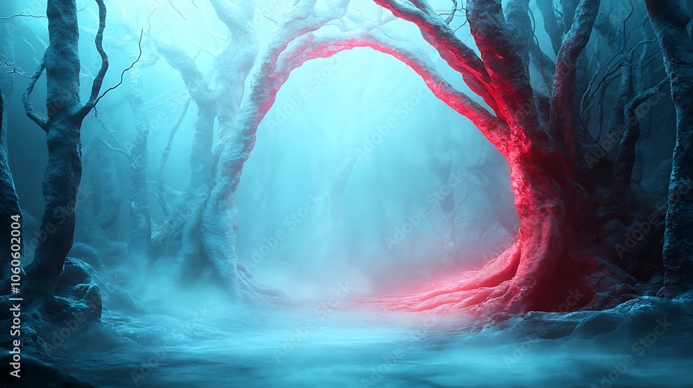 Poster mysterious portal illuminates enchanted forest with ethereal glow creating a surreal atmosphere of i