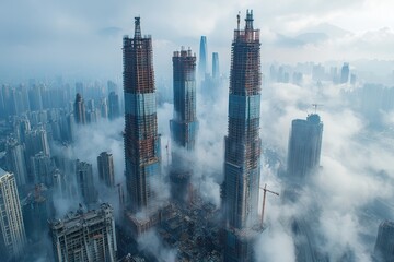 Three Skyscrapers Under Construction in a Foggy Cityscape