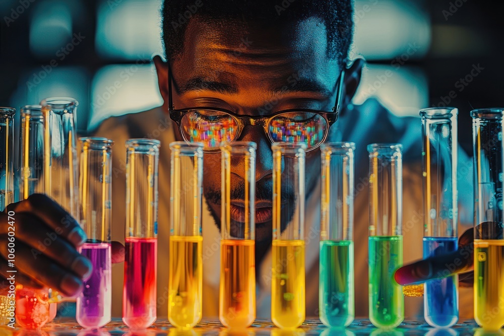 Poster a close-up of a scientist examining colorful liquids in test tubes