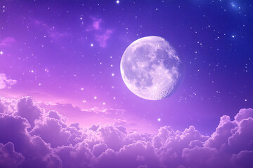 A magical night scene featuring a full moon hanging in a purple sky, with faint clouds and shimmering stars dotting the background