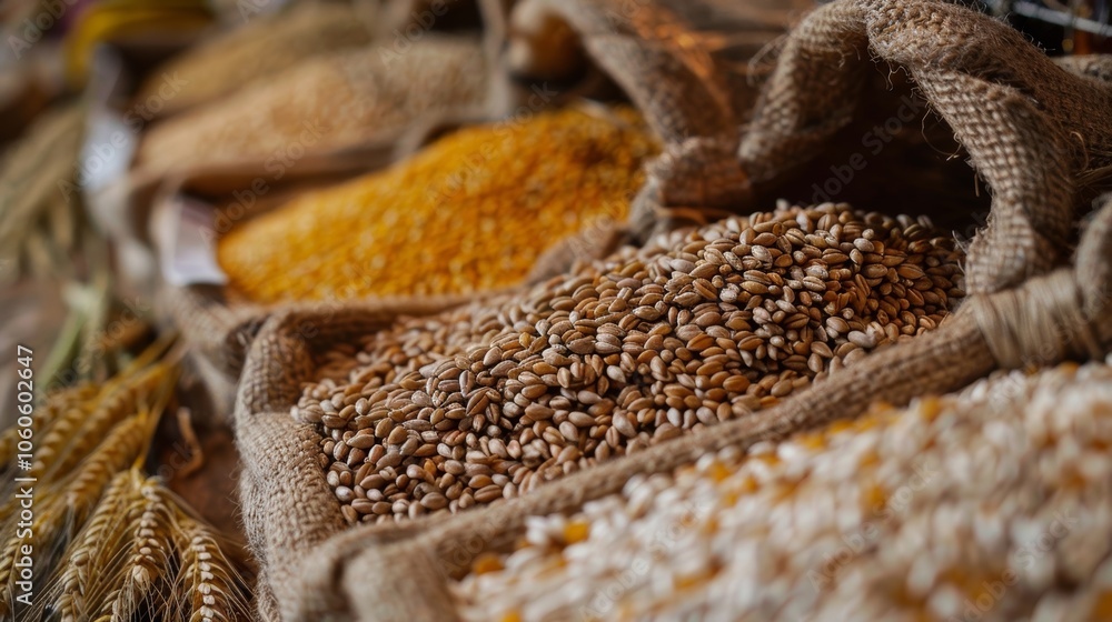 Poster a display of different types of grains such as wheat oats and barley showcasing the staple crops in 