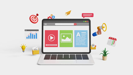 Digital content marketing, content promotion, SEO, organic reach, social media marketing concept. Video, image and text content analytics dashboard on 3d laptop screen with marketing icons