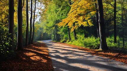 Fototapeta premium Autumn Forest Path with Sunlight and Fallen Leaves