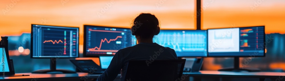 Poster a trader analyzing data on multiple monitors, showcasing stock market trends during sunset, with a f