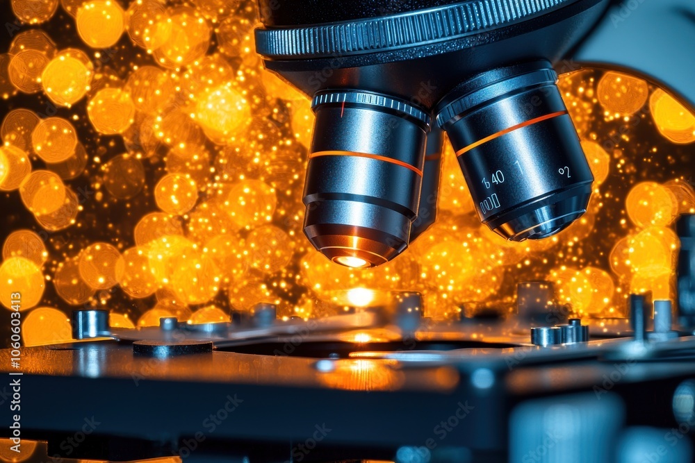 Poster Close-up of a Microscope's Lenses with Bokeh Background