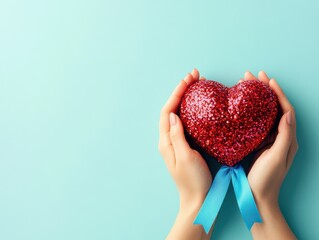 Obraz premium A pair of hands holding a sparkling red heart with a blue ribbon against a serene blue background, perfect for love-themed designs.