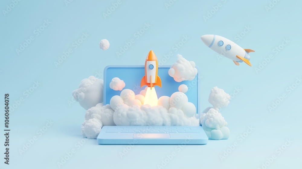 Poster a colorful image shows a powerful rocket launching from an open laptop, surrounded by fluffy clouds,