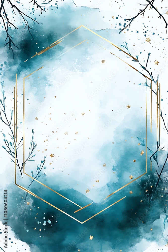 Poster elegant and dreamy watercolor background with hexagonal frame and sparkling stars for creative proje