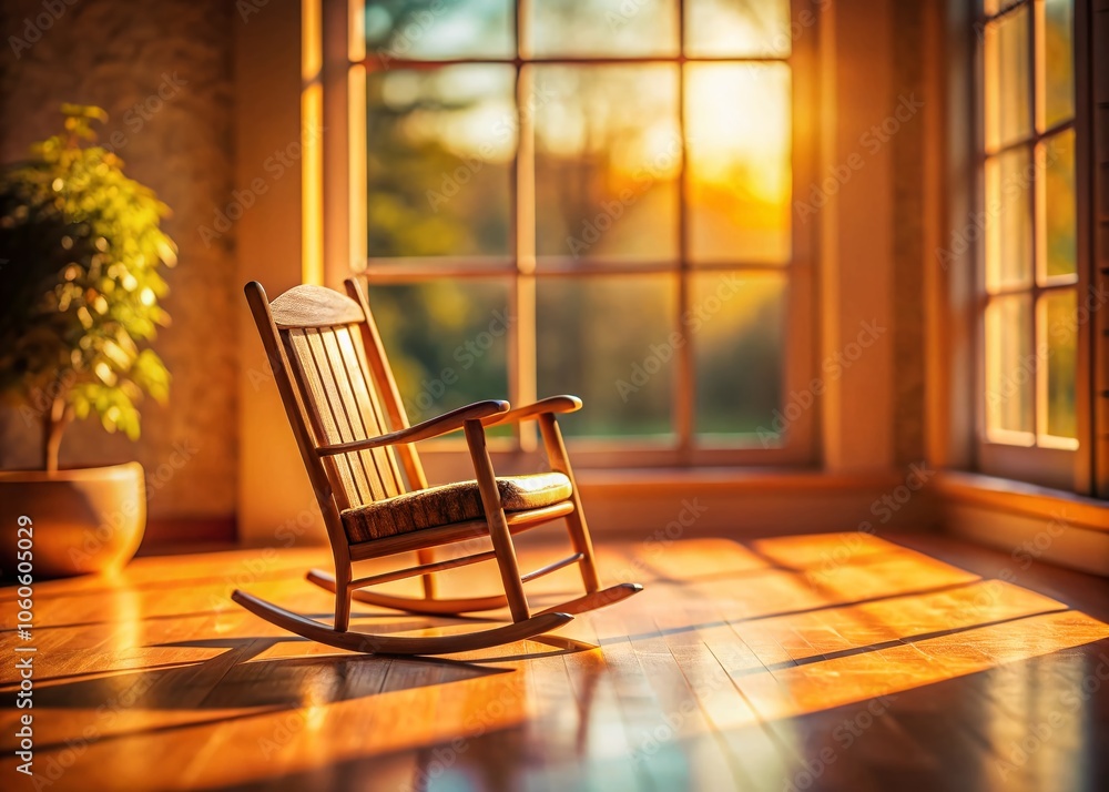 Poster lonely rocking chair by the window in soft sunlight - a reflection of isolation and quiet in later y