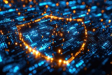 Obraz premium Abstract Digital Shield with Glowing Blue and Orange Lights