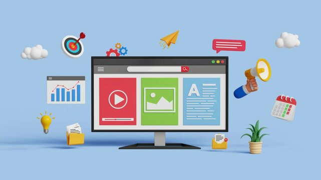 Digital marketing, advertising or content promotion concept. SEO, Organic traffic, email marketing or pitching. 3D content analytics dashboard on computer with digital marketing icons. 4K 3D animation