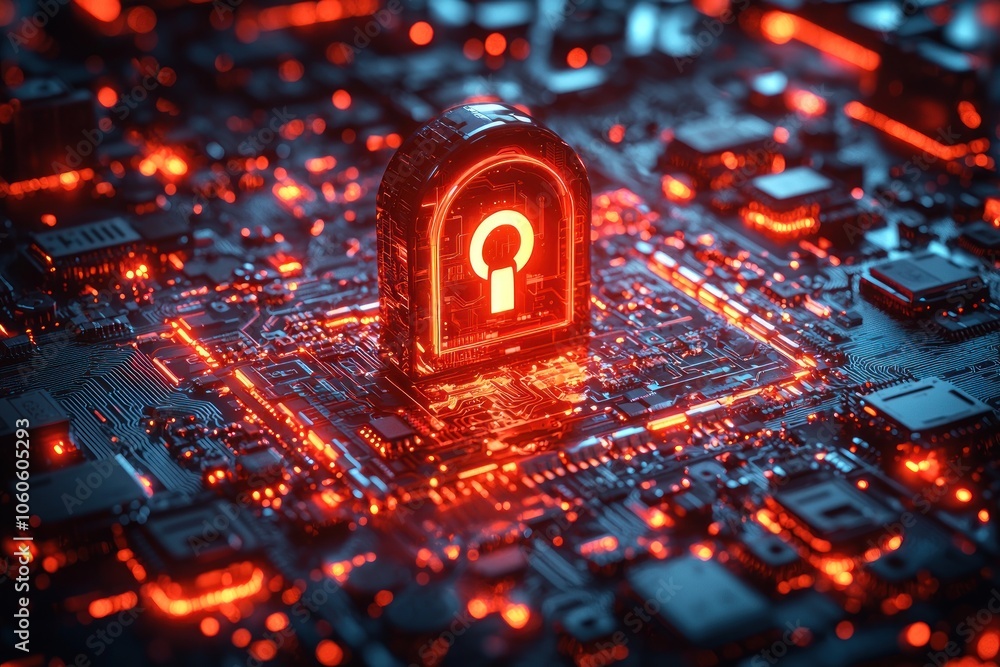 Poster Red Illuminated Lock Symbol on Circuit Board