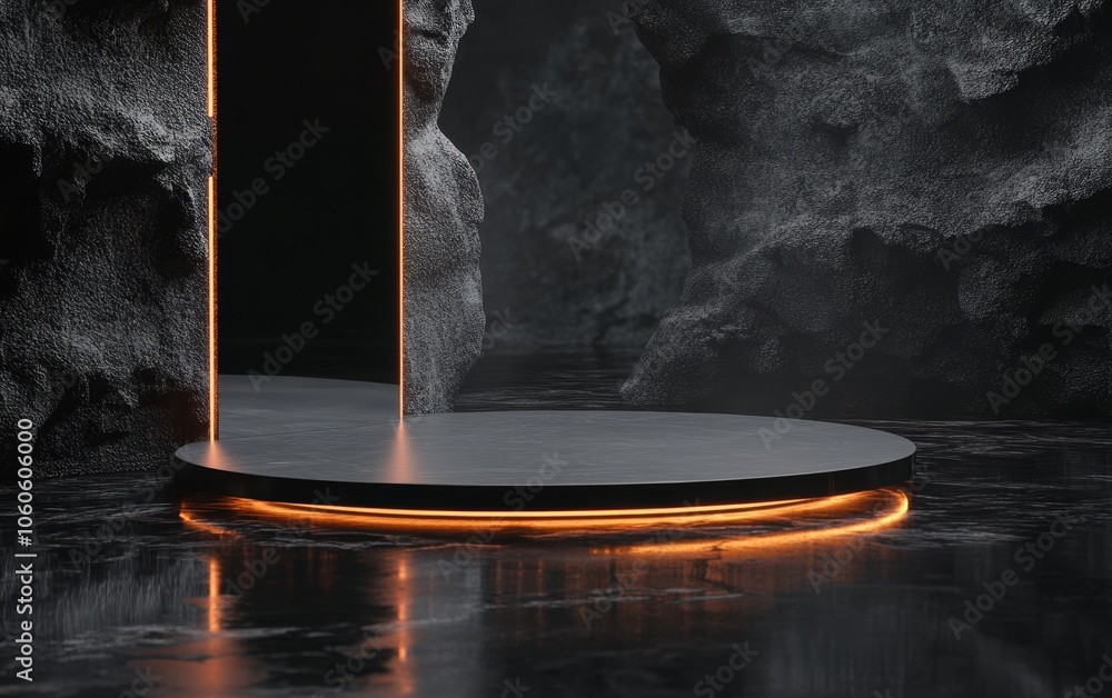 Poster a futuristic circular platform with an illuminated edge in a dark, rocky environment.