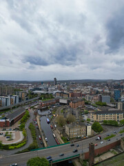 Obraz premium An Aerial View of Historical Sheffield City Centre Which is Located at English county of South Yorkshire United Kingdom. Footage Was Captured with Drone's Camera From High altitude on April 29th, 2024