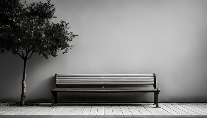 bench in the fog, Minimalist color palette or monochrome, bench, space for texts on the left, illustration