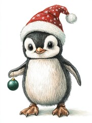 Fototapeta premium Adorable penguin in a Christmas hat holding a festive ornament