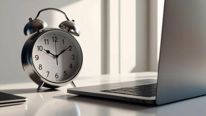 Alarm clock beside laptop on desk, symbolizing business time management