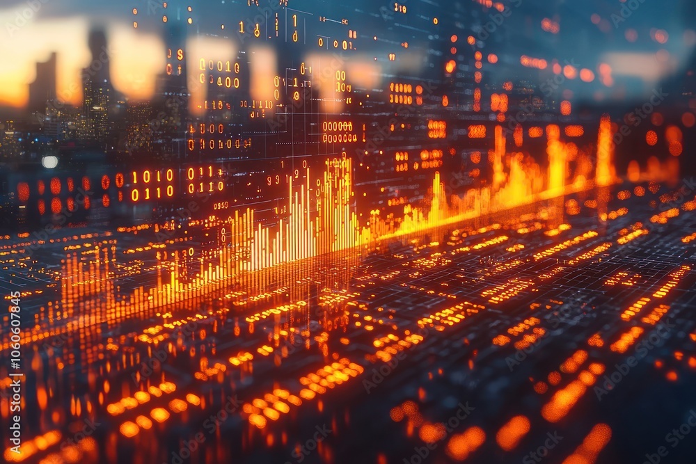 Poster abstract digital landscape with orange and red glowing data