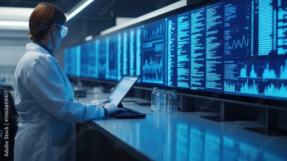 Aufkleber a scientist analyzes data on multiple screens in a modern lab, showcasing technology and research in