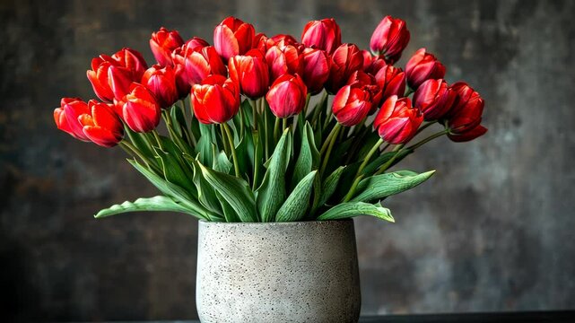 Swaying red tulips in a concrete vase against a dark background
