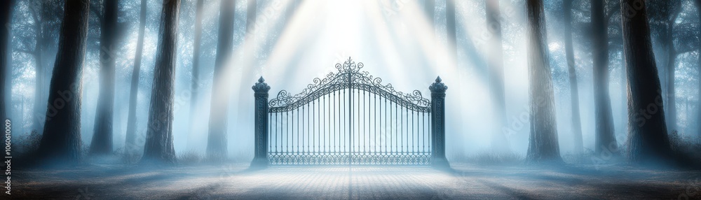 Aufkleber a mysterious gate surrounded by fog and illuminated by soft light, creating an enchanting and serene