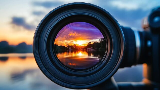 Close-up of a camera lens capturing a sunset over a lake with a silhouette of a forest. Seamless looping video background animation. Generated with AI
