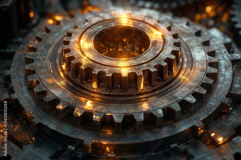 Poster close-up of glowing metallic gears in a machine