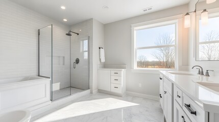 Lifestyle photo of a minimalist bathroom with white walls, simple cabinetry, and a large window bringing in bright daylight, 4k resolution