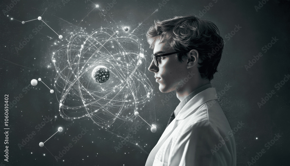 Poster a scientist is looking at an atom with protons and subatomic particles in the background