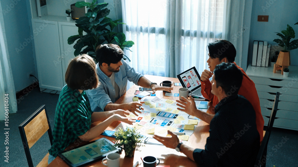 Poster top view of business team brainstorming idea by using mind map while clapping hand together. people 