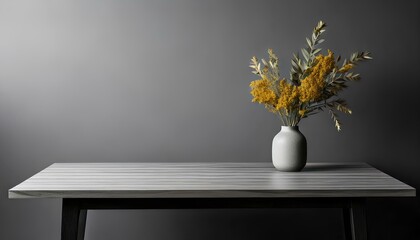yellow flowers in a vase, Minimalist color palette or monochrome, table, space for texts on the left, illustration