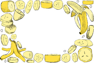 Summer greeting card with full bananas and skin and slices in oval ellipse frame template for your text. Vector graphic illustration Perfect for holiday invitations