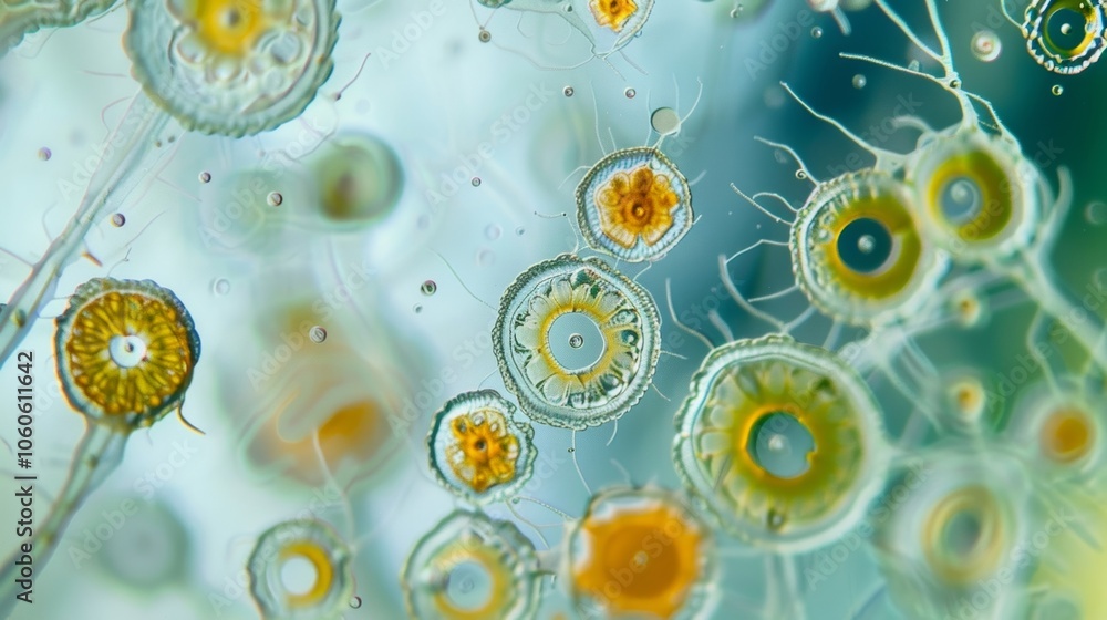 Poster a microscope slide containing a sample of plankton viewed under high magnification to study its comp