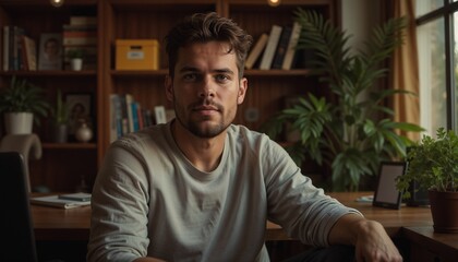 Obraz premium Young man with thoughtful expression sitting at desk in cozy home office with plants 
