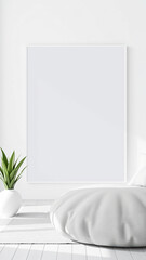 minimalist white room with a frame a large cushion