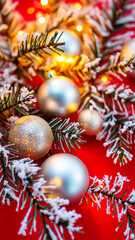 snow-covered pine branch decorated with silver ornaments golden lights